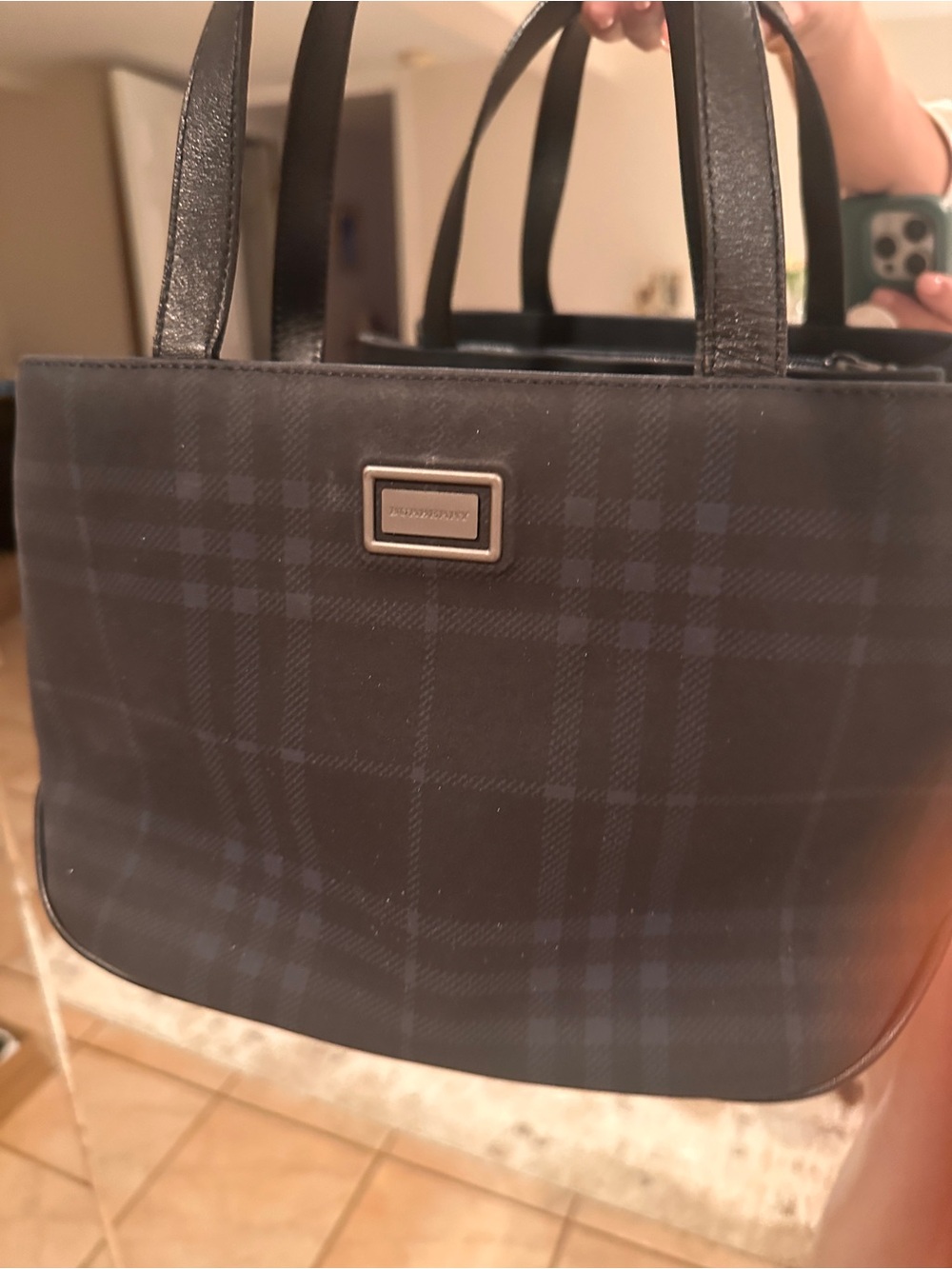 Burberry Black and Blue Plaid Tote with Leather Handles